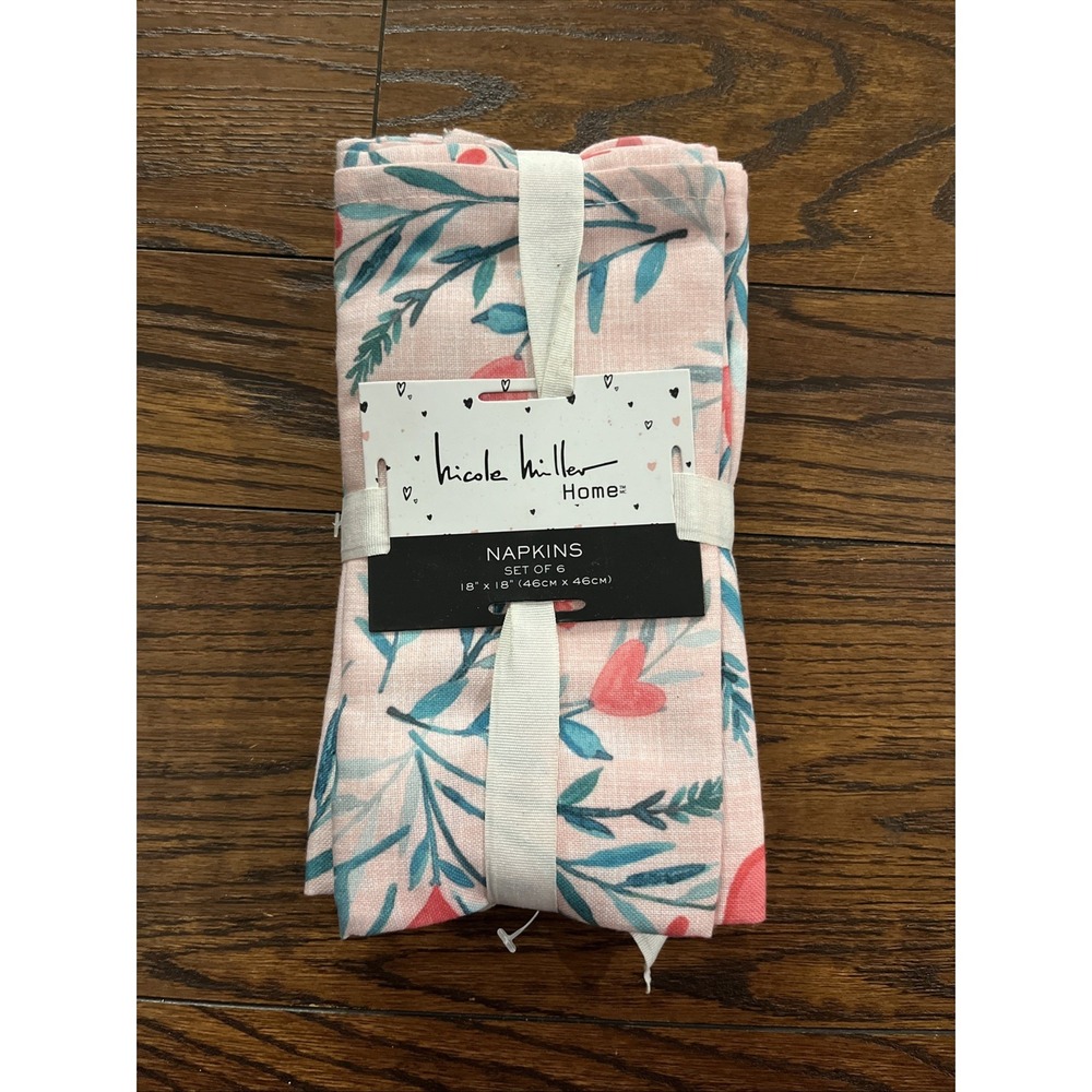 Set 6 New Nicole Miller Home Heart Floral on Pink 18" Cloth Napkins Valentine